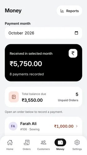 Monthly payments received and outstanding customer balances in SewMate.