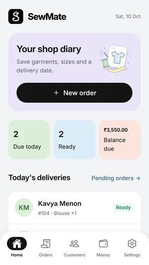 SewMate shop diary showing today’s deliveries, ready orders and balances due.