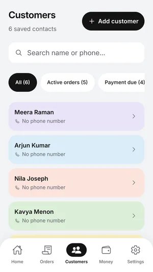 Customer directory with fictional tailoring customers and their order balances.